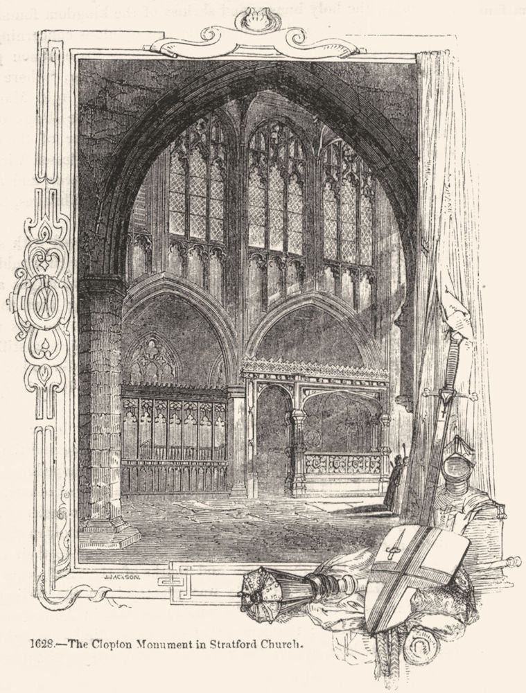 WARCS. Clopton Monument in Stratford Church 1845 old antique print picture